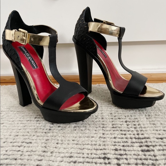 Charles Jourdan Paris Open Toe Leather T Strap Platform Black Heels 5.5 - Picture 1 of 7
